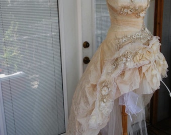 MADE to ORDER Handmade Wedding Dress Mini Plus Tail Beige Roses Embroidered Appliques