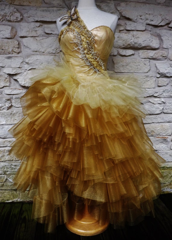 MADE to ORDER Handmade Golden Gold Wedding Tiered Tulle Short Front Long  Back Dress Rhinestone Appliques by Gabrijele - Etsy