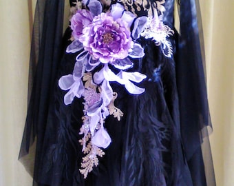 MADE to ORDER Black Wing Angel Sleeve Dress Dangling Roses Decor Purple Embroidery