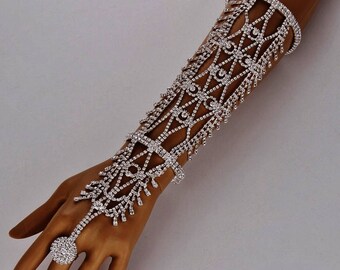 MADE to ORDER Pair of Rhinestone AB Crystal Silver Armcuff Bracelet Ring Set Wedding Bridal Belly Dance Hand Jewelry Rhinestone Glove Sleeve