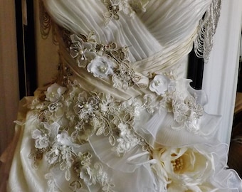 Made to order Edwardian Wedding Dress Short Front Long Back Dangling Roses By Arabescque