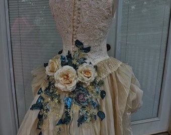 Made To Order CUSTOM Handmade Wedding Dress Mini Plus Tail Beige Roses Embroidered Appliques
