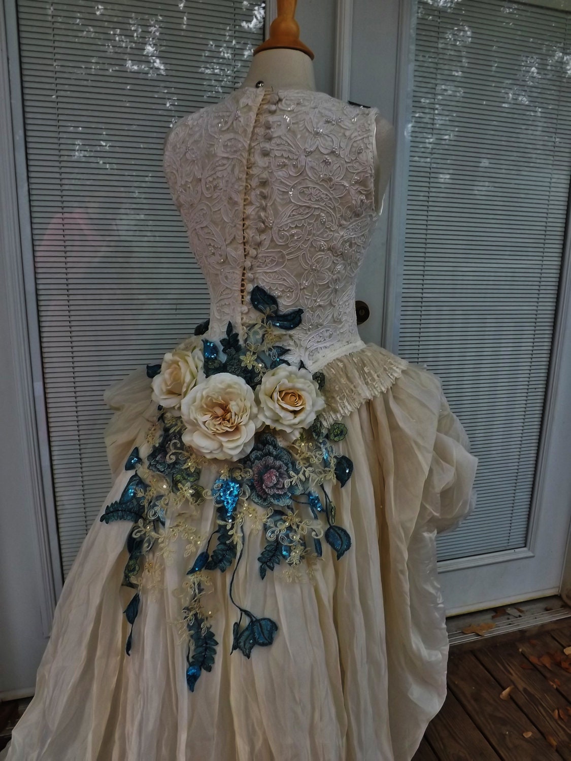 CUSTOM Handmade Wedding Dress Mini Plus Tail Beige Roses 