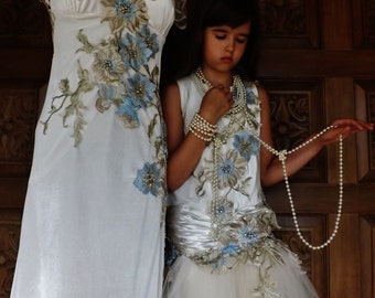 Made To Order CUSTOM Gatsby Flapper Flower Girl Dress Lace Tulle Ivory Velvet Satin Beige Blue Flowers Appliques Dress