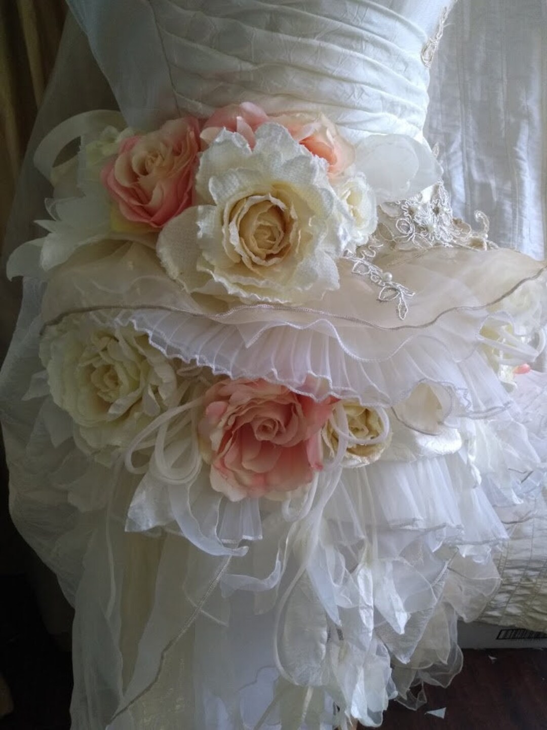 MADE TO ORDER Victorian Wedding Dress Ivory Multicolor Peach Pink Roses  Appliques Fairy Paradise Wedding Gown Dress