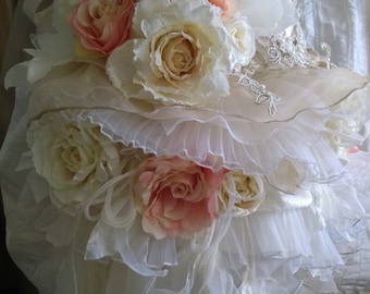 MADE TO ORDER  Victorian Wedding Dress Ivory Multicolor Peach Pink  Roses  Appliques Fairy Paradise Wedding Gown Dress