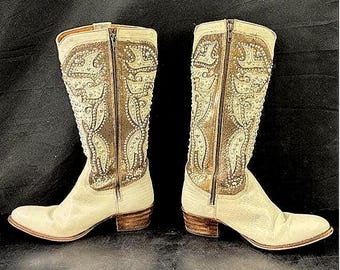 FRYE Wedding Heavy Studded Ivory Cowboy Country Wedding  Bridal Boots Shoes Sz 9