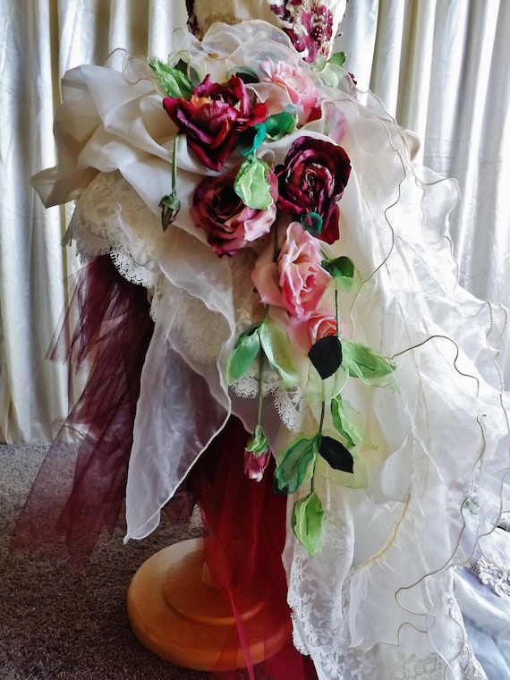 MADE to ORDER Ivory Cream Roses Victorian Short in Front Drapped Lace Burgundy Pink Roses Wedding Dress DEPOSIT Etsy