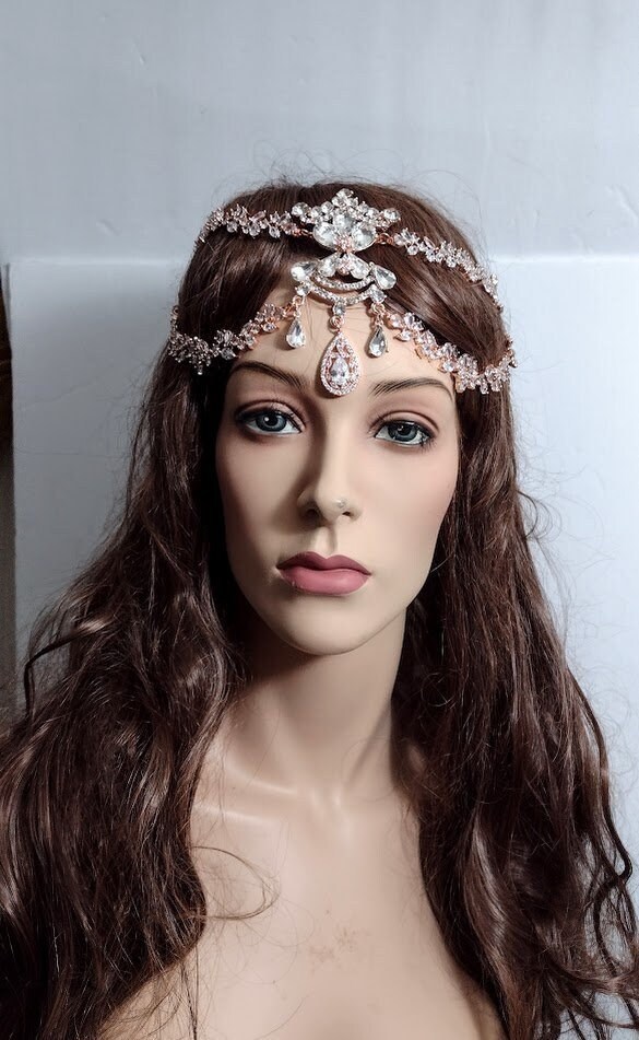 Ready Ship ROSE Gold Clear Rhinestone Crystal Art Deco Great Gatsby Belly Dance Gypsy Bohemian Wedding Headpiece Headband Crown