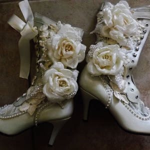 READY to SHIP Beige Ivory Victorian Leather Lace Fabric Roses Wedding Bridal Ancle High Heel Lace Up Boots