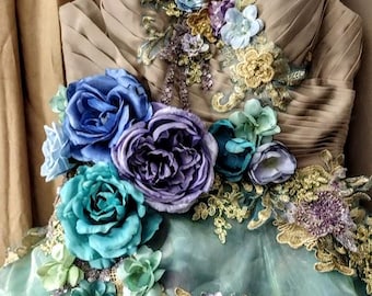 Made To Order Victorian Multicolor OPAL Unicorn Wedding Dress Short Front  Beaded 3 D Roses Corset With Eyelets Tie Up by Arabescque