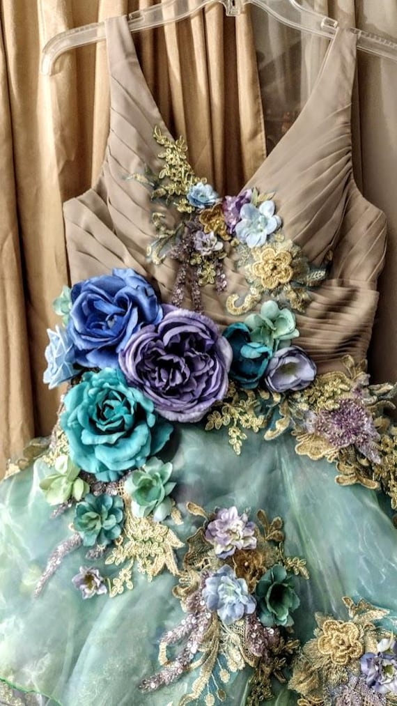 Made To Order Victorian Multicolor OPAL Unicorn Wedding Dress Short Front Beaded 3 D Roses Corset With Eyelets Tie Up by Arabescque