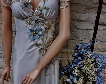 CUSTOM GREAT GATSBY Wedding Dress Of White Velvet Beige Blue Gold Flower  Beaded Bare Back Flapper Art Deco Art Noveau Edwardian Dress