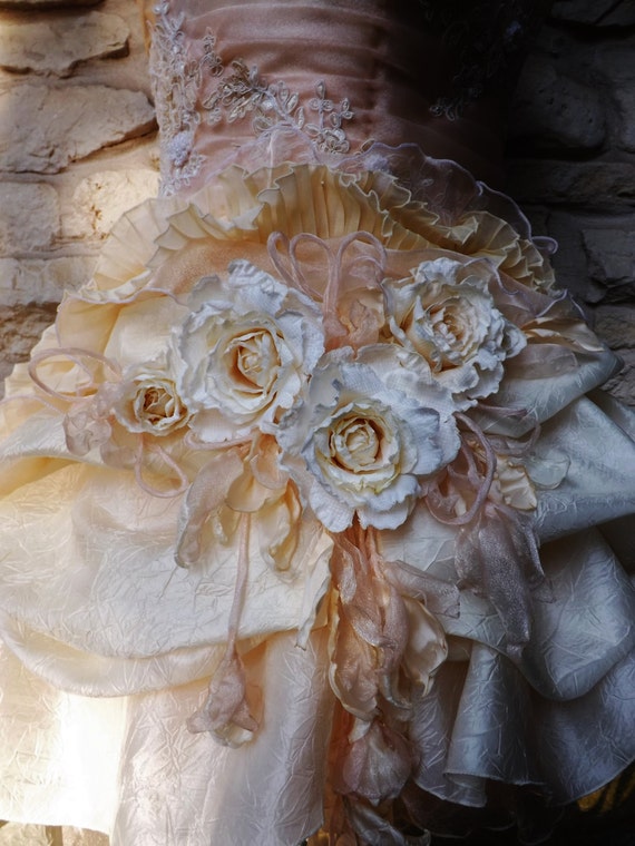 peach and cream wedding dress MADE TO ORDER Handmade Peach Cream Victorian Wedding Lace Wedding Dress Short Front Faux Pearls Roses Leaves
