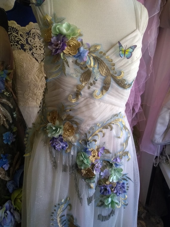 Ready To Ship Edwardian Gatsby Ivory Gold Blue Green Purple Wedding Dress Size 4-6