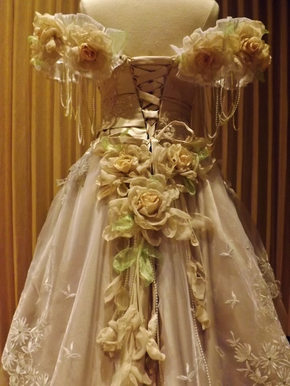 Made to Order Victorian Champagne Satin Tulle of Shoulder Wedding Movie  Theather Performance Dress Roses Embroidered Appliques - Etsy