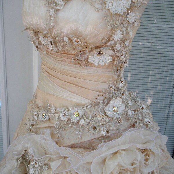 RESERVED for Sarah  Handmade Wedding Dress Mini Plus Tail Beige Roses Embroidered Appliques Down Payment