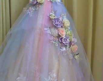 MADE to ORDER Fairy Rainbow Pastel Tones Wedding Dress Fairy Roses Wedding Dress