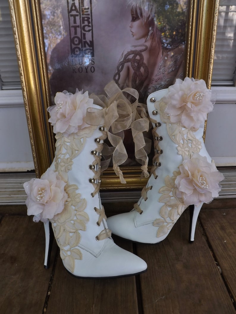Victorian Wedding Boots Beige Roses Lace White Leather Lace Up | Etsy