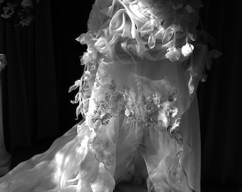 Made To ORDER Handmade Wedding Dress Train  White Dangling Roses Embroidered Appliques Gown By Arabescque