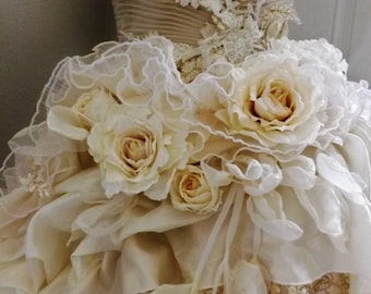 MADE to ORDER Handmade Wedding Dress Mini Plus Tail Beige Roses Embroidered Appliques by Gabrijele