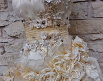 Made To ORDER Handmade Wedding Dress Mini Plus Tail Peach Ivory  Roses Embroidered Appliques Dangling Roses Wedding Dress Gown By Arabescque