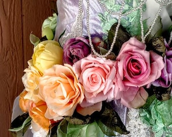 Made To Order FIRE OPAL RAINBOW Victorian  Edwardian Unicorn Wedding Dress 3 D Roses Beaded Off Shoulder Dress