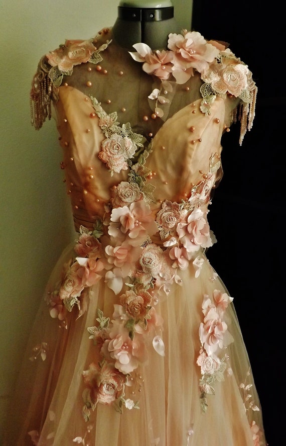 slim fit dress slacks Peach Embroidered Gown with Bow, Beaded Arabic Wedding Dress SS304 –  DreamyVow main image 0