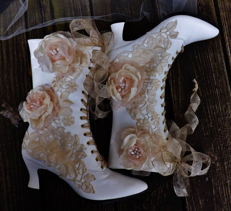 white victorian lace up wedding boots
