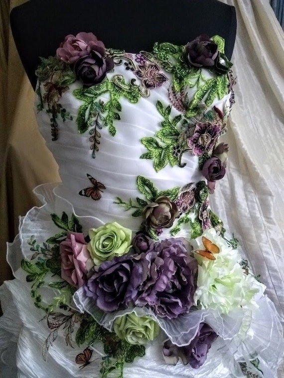 green and purple wedding dress Sage Long Sleeve Ball Gown Dress With Purple Flowers  Lisposa