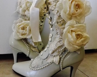 LISTO PARA ENVIAR Beige Marfil Talla 6 Victoriano Cuero Encaje Tela Rosas Boda Nupcial Botas de Tacón Alto con Cordones