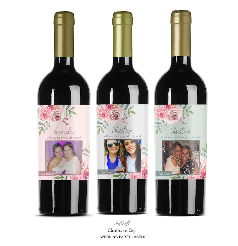 Custom Flower Bridesmaid Wine Labels Maid of Honor Proposal Labels Will you be my Bridesmaid Watercolor Flower Thank you Gift