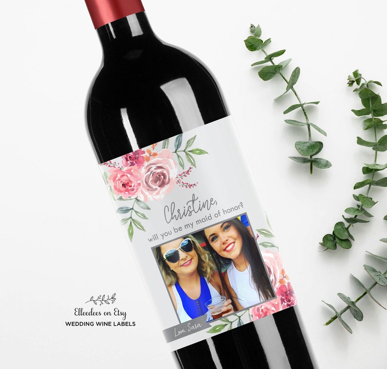 Custom Flower Bridesmaid Wine Labels Maid of Honor Proposal Labels Will you be my Bridesmaid Watercolor Flower Thank you Gift