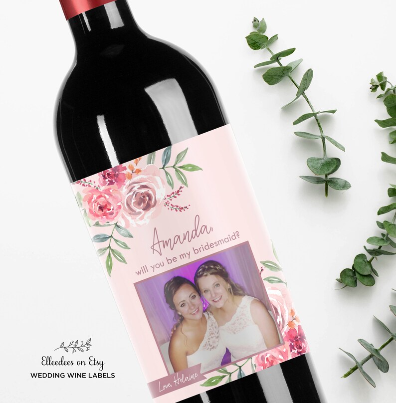 Custom Flower Bridesmaid Wine Labels Maid of Honor Proposal Labels Will you be my Bridesmaid Watercolor Flower Thank you Gift
