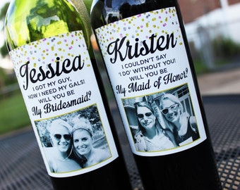 Gold, Silver, Pink Confetti Wedding Party Proposal Wine Labels // Custom Wine Label with Picture // Thank You Wine Label