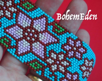 bead pattern: wide seed bead peyote flower cuff bracelet. two-tone pink flowers & turquoise blue. MUST KNOW odd-count peyote. download only