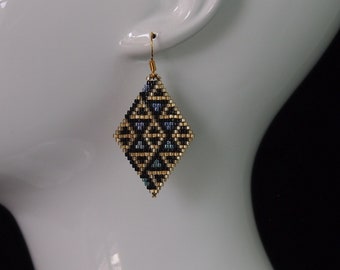 triangles in diamonds: abstract Delica seed bead beadwork dangle earrings in sparkly gold, shiny jet black, and light, pearly pastels