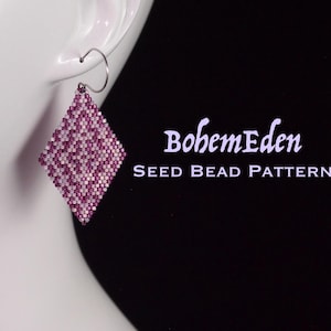 May include: A pair of pink and white diamond-shaped earrings with silver ear wires. The earrings are made with seed beads and have a geometric pattern. The image includes the text "BohemEden SEED BEAD PATTERN".