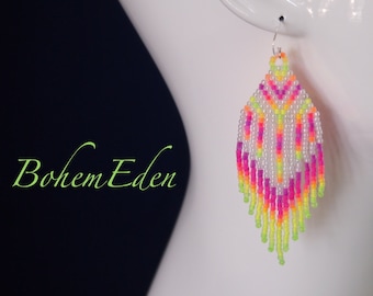 bead pattern: Neon Vibes Seed bead fringe earring pattern for intermediate beaders with knowledge of ladder & brick stitch and fringe making