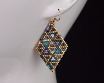 triangles in diamonds: abstract Delica seed bead beadwork dangle earrings in sparkly gold, matte iris blue, chalk white, purple, & turquoise