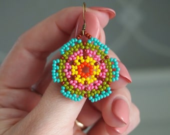 Huichol style seed bead flower earrings! rainbow turquoise and olive green beaded floral earrings. handmade beaded dangle earrings.