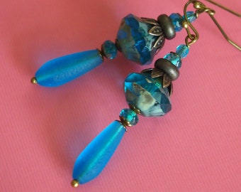 chunky aqua blue Czech glass bicone and sea glass teardrop dangle earrings! mesmerizing aqua blue everyday bead stacked boho chic earrings