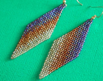 BohemEden Prismatic Collection: purple wave ombre tiny Toho seed bead beadwork dangle earrings! purple, red, pinky peach, gold ombre