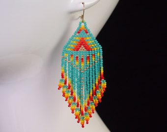 temple celebration: Czech glass seed bead fringe earrings in sea foam/turquoise & rainbow ombre with gold accents, gold filled lever backs