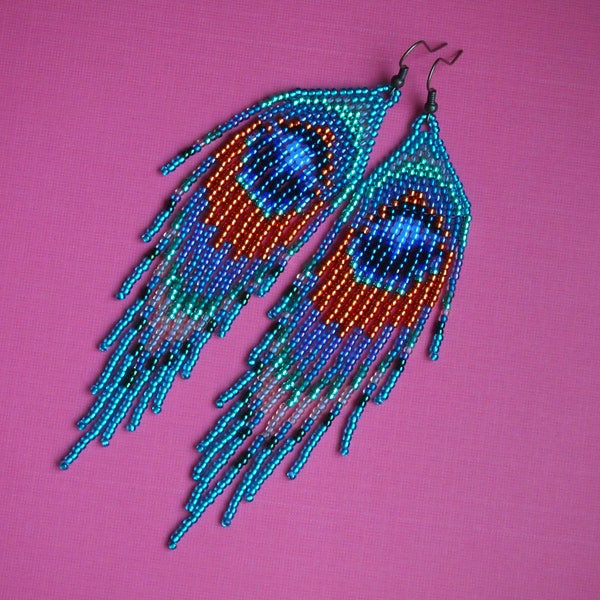 RESERVED LISTING for BRENDALU511 beaded peacock earrings! long peacock feather imitation seed bead earrings. iridescent and metallic colors.