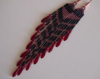 cherry soda: cherry, rose reds with black contrast and ruby red daggers! long beaded fringes. asymmetrical statement beaded fringe earrings
