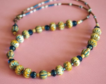 rustic Czech glass Picasso beaded rondelle beaded necklace in blue, beige, white, bronze. unique boho beaded necklace in speckled blue beige