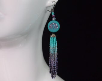 turquoise and purple lotus coin beaded tassel earrings! Czech glass floral coin bead dangle earrings with tassel fringes. purple lotuses