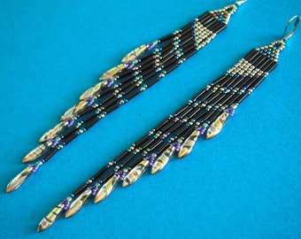 oil slick: iridescent iris and jet black with rainbow silver daggers! long beaded fringes. asymmetrical statement beaded fringe earrings