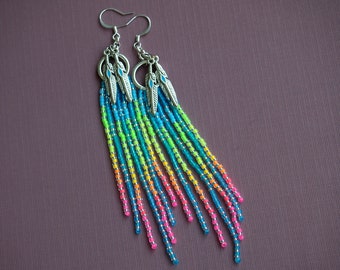 two feathers: matte aqua blue and neon beaded fringe earrings with silver feather charms! neon ombre earrings, dream catcher design.
